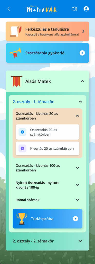 A MatekVÁR alkalmazás főoldala