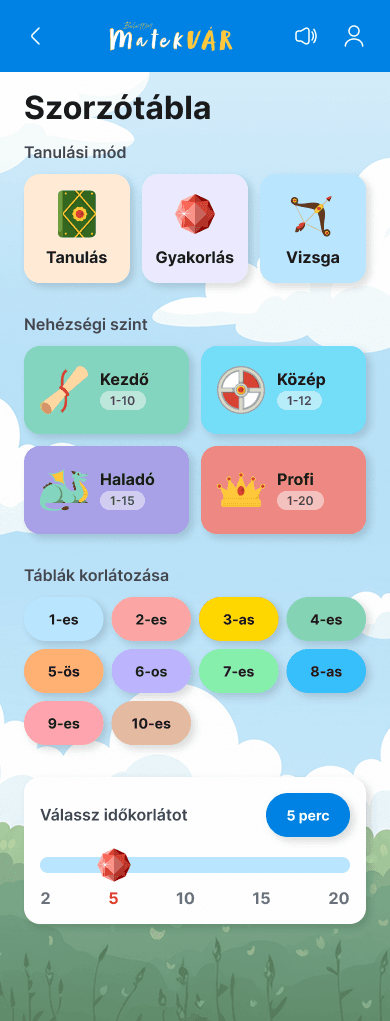 Szorzótábla beállítások a MatekVÁR alkalmazásban
